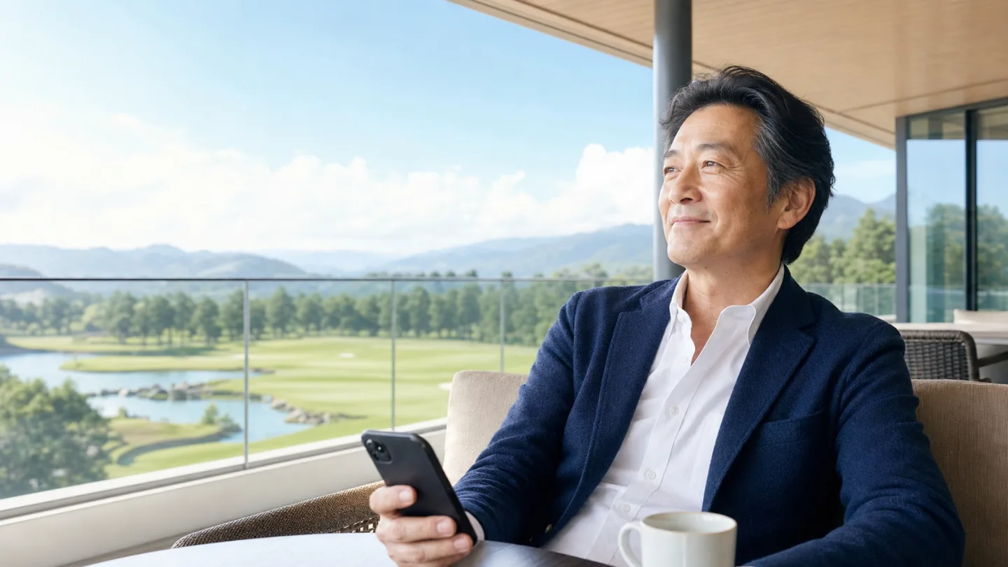 ゴルフ場を望むテラスで、自分の時間を楽しむ社長