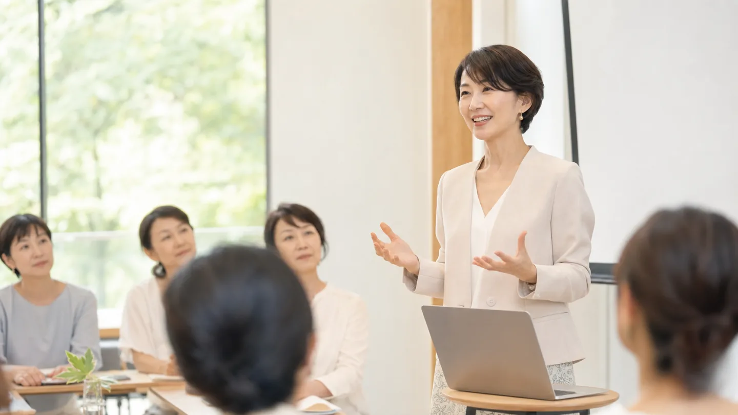 受講者へ講演する女性の個人事業主